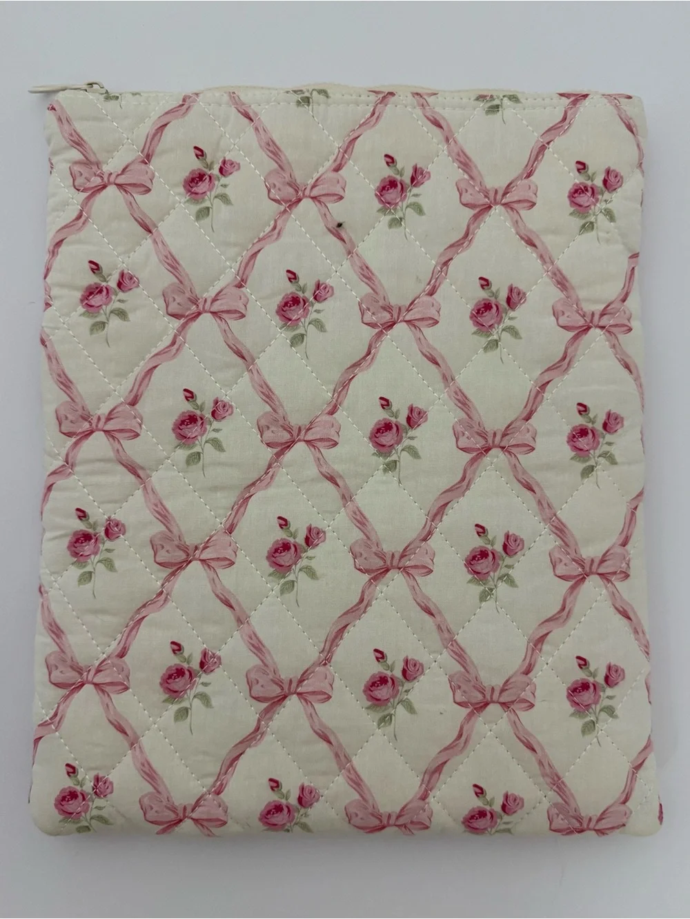 Quilted Pink Bow Rose iPad Laptop Sleeve Coquette Floral Tablet Case Cottagecore